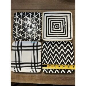 Over And Back - Square Appetizer Plates Black White Designs Gold Trim Set Of 4